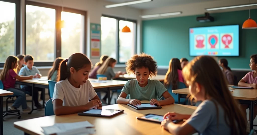 Sala de aula moderna com alunos diversos participando de atividade colaborativa com tecnologia e recursos acessíveis